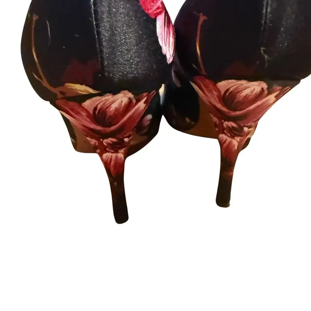 Palter DeLiso Pumps 36 Black Floral Rose Pointed Toe Stiletto Heels Made Italy